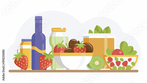 Colorful still life depicting fresh fruit juice and a wine bottle