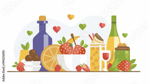 Festive still life featuring wine fruit and romantic heart decorations