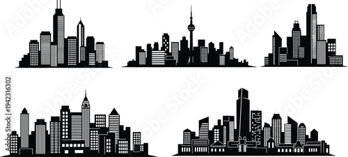 City skyline silhouettes, urban buildings, modern skyscrapers, metropolitan architecture, night cityscape, downtown design, business hub, cityscape 