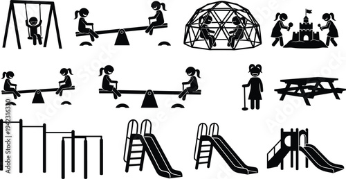 Children playground silhouettes with swings, slides, seesaw, climbing frame and kids playing, outdoor park activities vector icon set isolated on white background