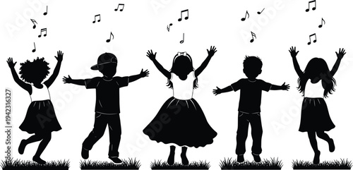 Children dancing with music notes silhouettes, happy kids jumping and celebrating together outdoors, playful childhood activity vector illustration isolated on white background