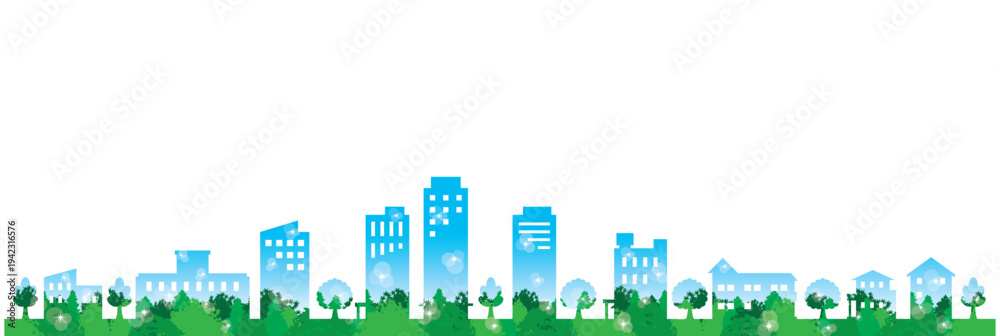 Fototapeta premium 緑豊かな街並みを描いた可愛らしくポップなイラスト.