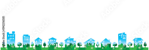 緑豊かな街並みを描いた可愛らしくポップなイラスト.