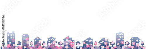桜の季節の街並みを描いたポップで可愛いイラスト.