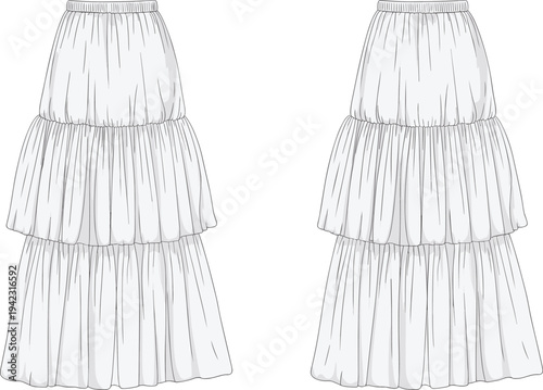 Tiered skirt flat sketch, boho ruffle skirt vector, fashion clothing template, woman’s layered midi skirt, detailed fashion illustration, stylish garment design drawing