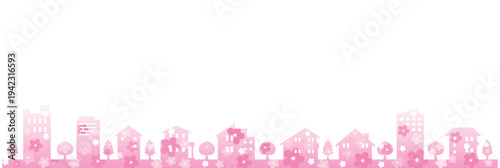 桜の季節の街並みを描いたポップで可愛いイラスト.