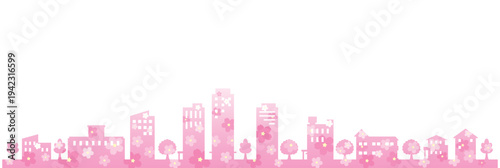 桜の季節の街並みを描いたポップで可愛いイラスト.