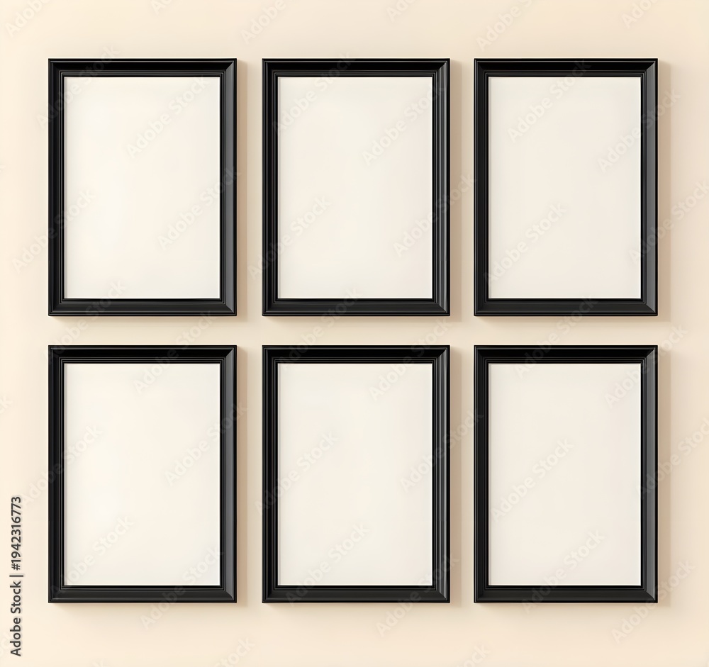 Fototapeta premium Six Black Frames on Beige Wall