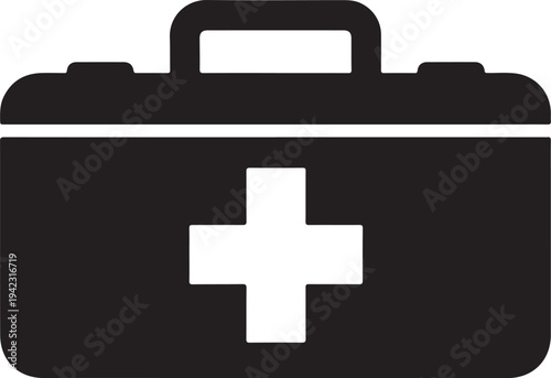 A clean, black and white vector icon of a medical first aid kit briefcase featuring a prominent cross symbol, representing emergency healthcare and medical supplies.