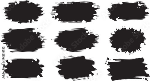 A collection of nine black textured paint brush strokes and distressed frames with ink splatters and rough edges on white background, ideal for urban and punk-rock design elements.