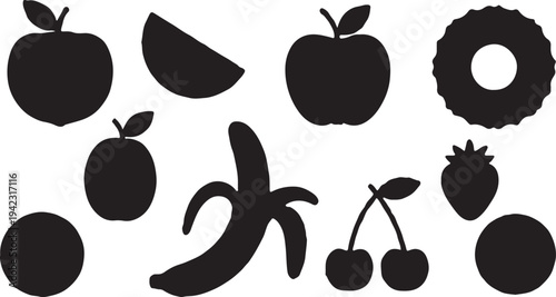 A collection of clean, solid black fruit silhouettes including an apple, banana, cherries, strawberry, and pineapple. 