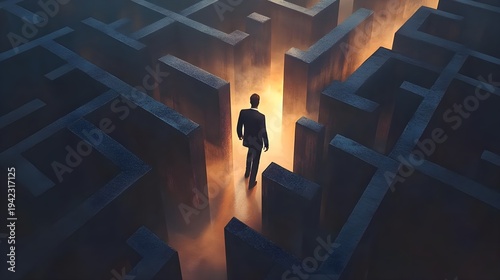 Businessman Walking Towards the Light in a Maze
