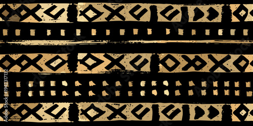 Geometric african inspired patterns in gold and black seamless texture