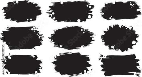 A collection of organic, high-contrast grunge textures and distressed paint stroke frames. 