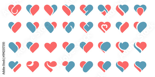 Set of abstract heart icons with colorful pie chart style segments, modern minimal flat vector illustration.