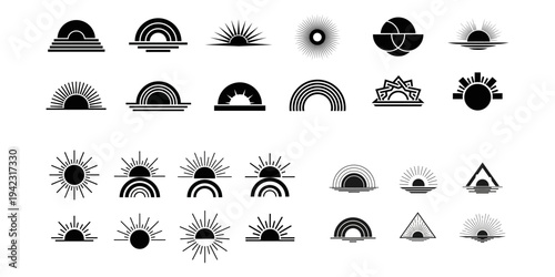 Collection of sunset badges with sun rays and ocean waves. Fresh summer vector icons for web, print, and packaging.