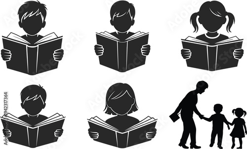 Set of Children Reading Books Silhouettes and Teacher with Students Vector Illustrations for Education Literacy School and Library Design Background