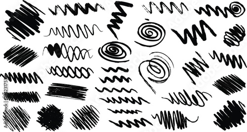 A versatile set of expressive black marker doodles featuring dense hatching, loose circular loops, and energetic pen scrawls.