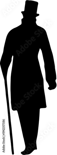 Vintage Gentleman Silhouette with Top Hat and Walking Stick Cane