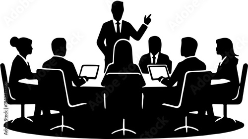 Business Meeting and Corporate Presentation Silhouette of People Sitting Around Round Table