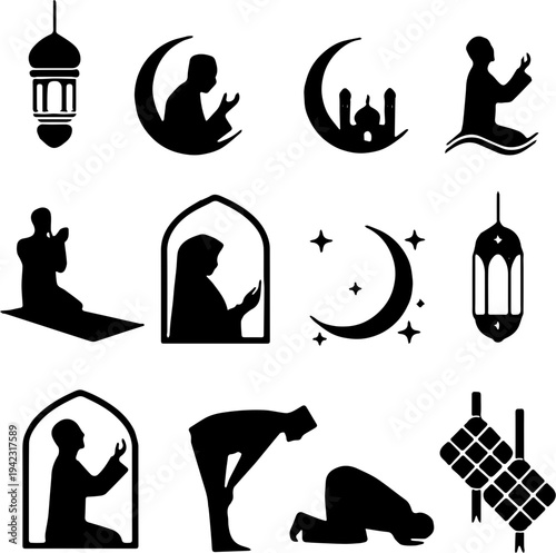Islamic Religious Activities and Ramadan Kareem Ornament Icon Set Silhouette