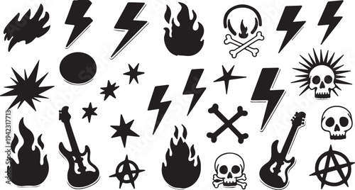 A comprehensive collection of hand-drawn punk rock and street-style graphic elements. This set includes iconic symbols such as skulls, electric guitars, flames, lightning bolts, and anarchy signs.