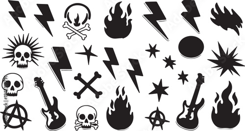 A comprehensive collection of hand-drawn punk rock and street-style graphic elements. This set includes iconic symbols such as skulls, electric guitars, flames, lightning bolts, and anarchy signs.