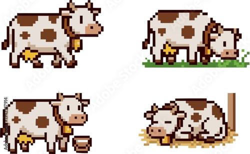 pixel art of a spotted dairy cow in multiple positions including standing, grazing on grass, and resting on hay bedding.