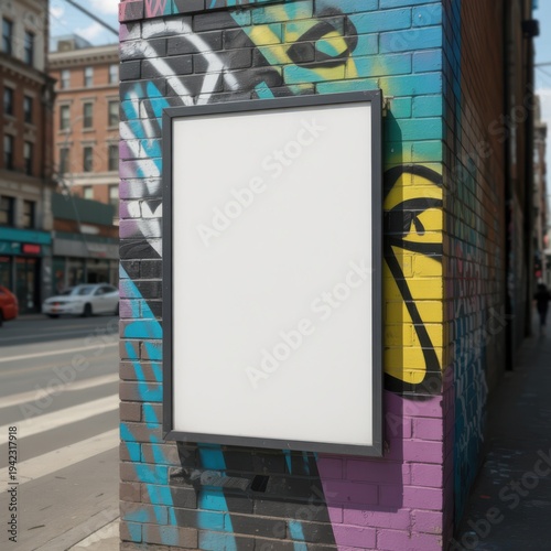 Blank poster on graffiti covered brick wall in urban street scene