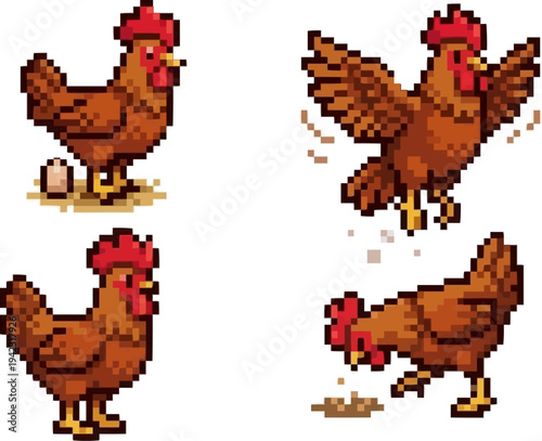 Foto pixel art of a brown hen with a red comb displaying actions like laying an egg and pecking for food
