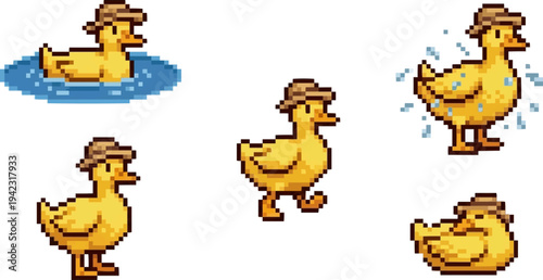 pixel art of a cute yellow duckling wearing a small hat swimming in water and walking in different playful poses.
