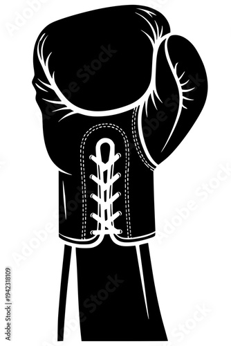 A high-contrast black  vector illustration of a traditional laced boxing glove. The graphic features detailed lacing and a bold silhouette