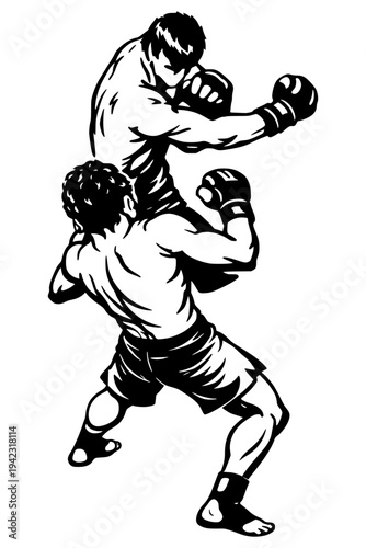 Two MMA fighters in intense close-range combat, throwing punches with boxing gloves, dynamic action illustration in bold black ink style isolated on background