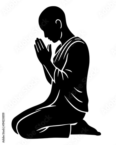 A high-contrast blackvector illustration of a Buddhist monk kneeling in prayer. The silhouette captures the monk in profile with hands pressed together in a respectful "wai"