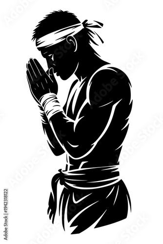 Thai man silhouette performing wai greeting gesture, traditional respectful bow with pressed palms, wearing headband, bold black ink illustration isolated on background