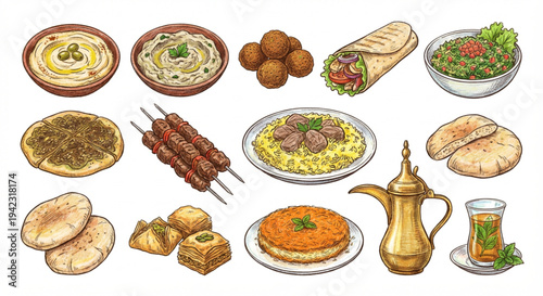 Delicious Middle Eastern Cuisine Collection Hummus, Falafel, Shawarma, Baklava, and More