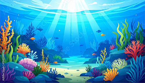 A vibrant underwater ocean scene with colorful coral and fish on transparent background