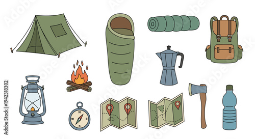 Various camping equipment items such as a tent, sleeping bag, campfire, and maps are neatly arranged on a clean white background.