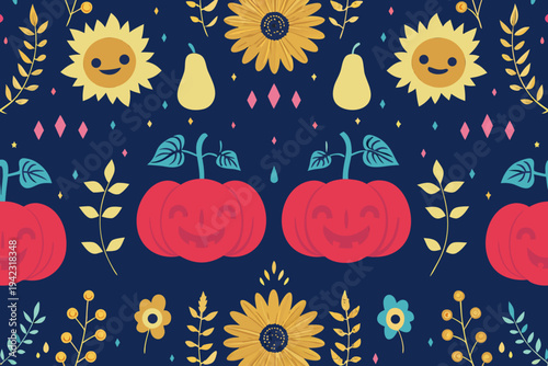 Autumn pattern with sunflowers pumpkins pears and smiling faces