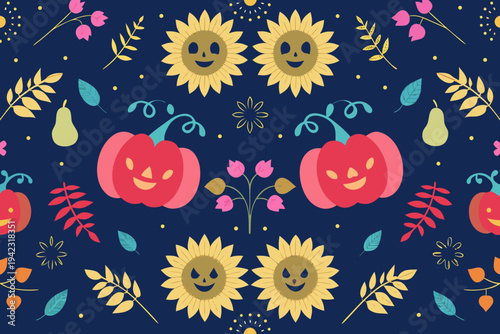 Autumn harvest pattern featuring smiling pumpkins sunflowers and seasonal fruits