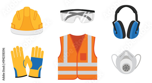Six essential personal protective equipment items, including a hard hat, safety glasses, and a reflective vest, are neatly arranged on a clean white background.