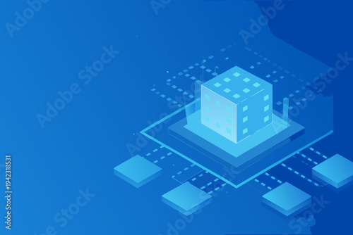 Isometric representation of a blue cube with surrounding digital network