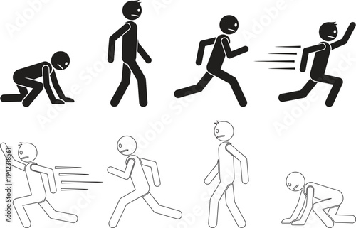 Stick figure illustrations of a person in various running and falling motions