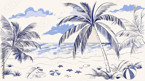 A calming blue illustration of palm trees beach and serene skies