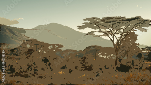 Serene landscape depicting african savanna with mountains and acacia trees