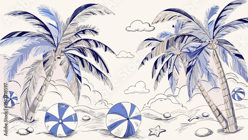 Stylized illustration of palm trees beach balls and a tropical scene