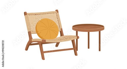 A minimalist wooden lounge chair with woven rattan and an orange cushion sits beside a small, round wooden side table.