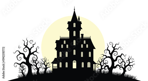 A spooky silhouette of a haunted house with a tall spire and bare trees stands on a hill against a large, pale yellow full moon.
