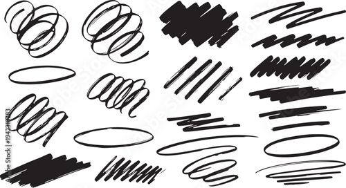 A versatile collection of bold black marker scribbles, expressive loops, and messy pen hatching. 