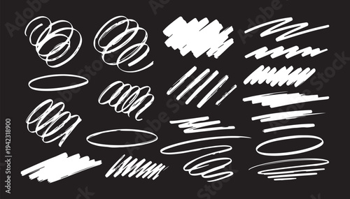A collection of high-contrast white marker scribbles and chalk-style doodles. Featuring expressive loops, messy hatching, and circular scrawls on a black background.